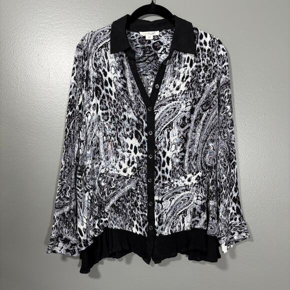 Simply Noelle Women's Crinkle White Leopard Print Button Up Blouse - Size S/M - Picture 1 of 6